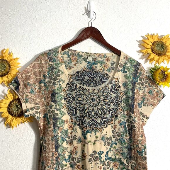 One World Live And Let Live Sublimation Short Sleeve Boho Blouse Sz XL Women’s - Picture 2 of 9